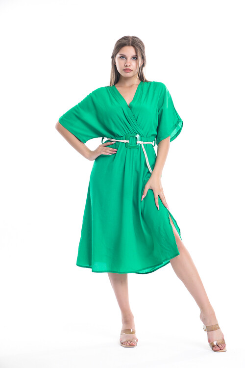 Yarasa Kol Kruvaze Yaka Yanları Yırtmaçlı Beli Lastikli Kemerli Uzun Elbise