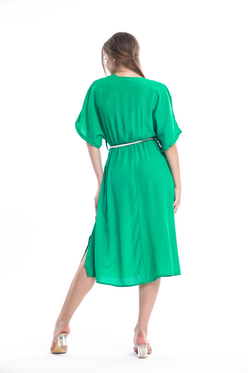 Yarasa Kol Kruvaze Yaka Yanları Yırtmaçlı Beli Lastikli Kemerli Uzun Elbise