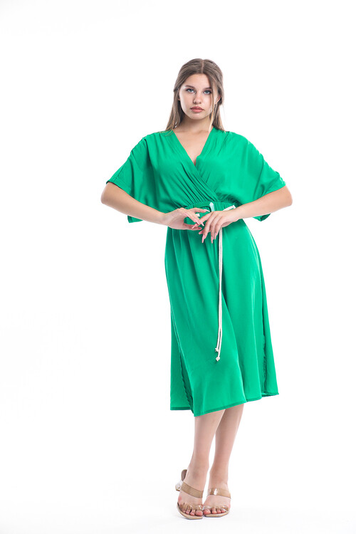 Yarasa Kol Kruvaze Yaka Yanları Yırtmaçlı Beli Lastikli Kemerli Uzun Elbise