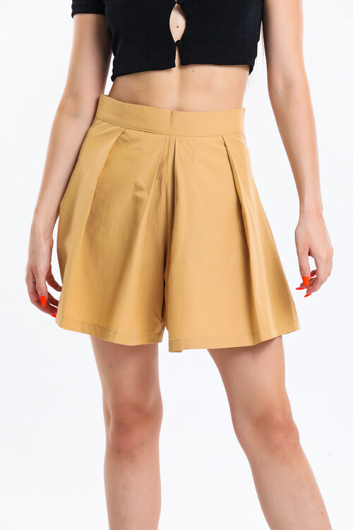 Yüksek Bel Pileli Yandan Fermuarlı Şort