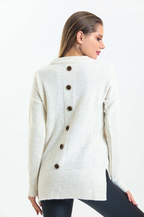 Arkası Düğme Detaylı Önü Kısa Yarasa Kol Triko Kazak