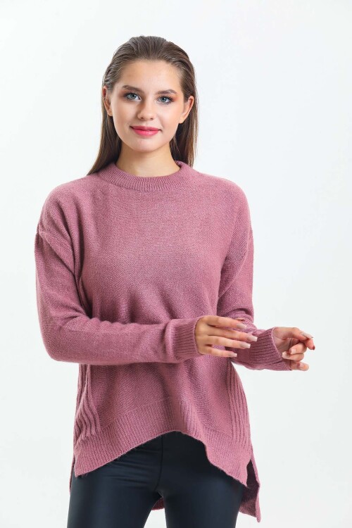 Arkası Düğme Detaylı Önü Kısa Yarasa Kol Triko Kazak