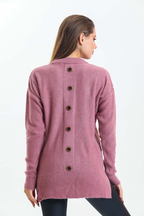 Arkası Düğme Detaylı Önü Kısa Yarasa Kol Triko Kazak