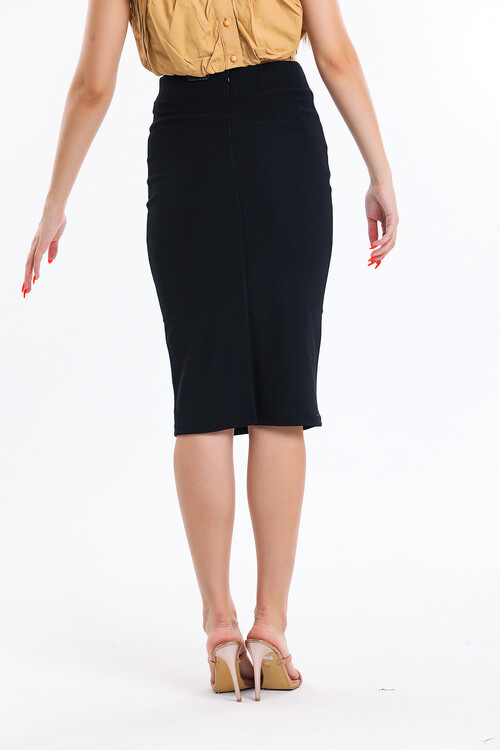 Arkası Fermuarlı Yırtmaçlı Kısa Kalem Etek