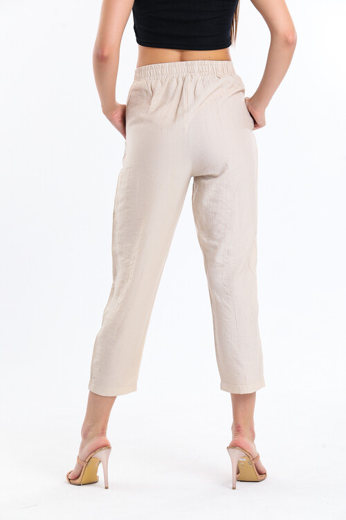 Beli Lastikli Paçası Pensli Cepli Pantolon