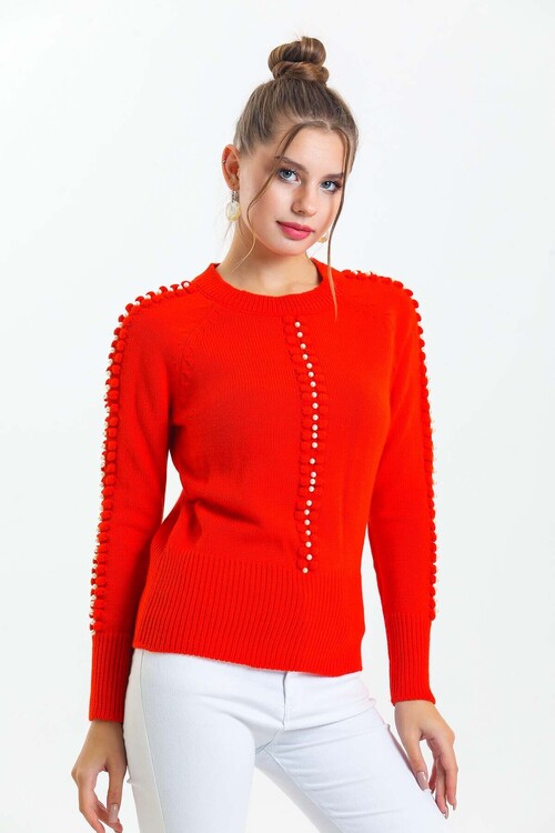 Bisiklet Yaka Boncuk Detaylı Kazak