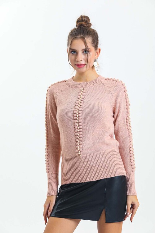 Bisiklet Yaka Boncuk Detaylı Kazak