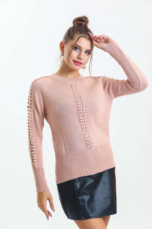 Bisiklet Yaka Boncuk Detaylı Kazak