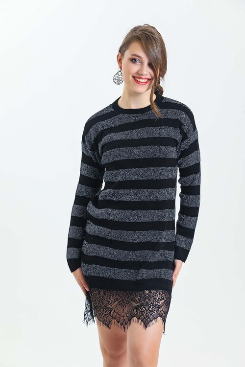 Bisiklet Yaka Eteği Dantelli Çizgili Simli Triko Elbise