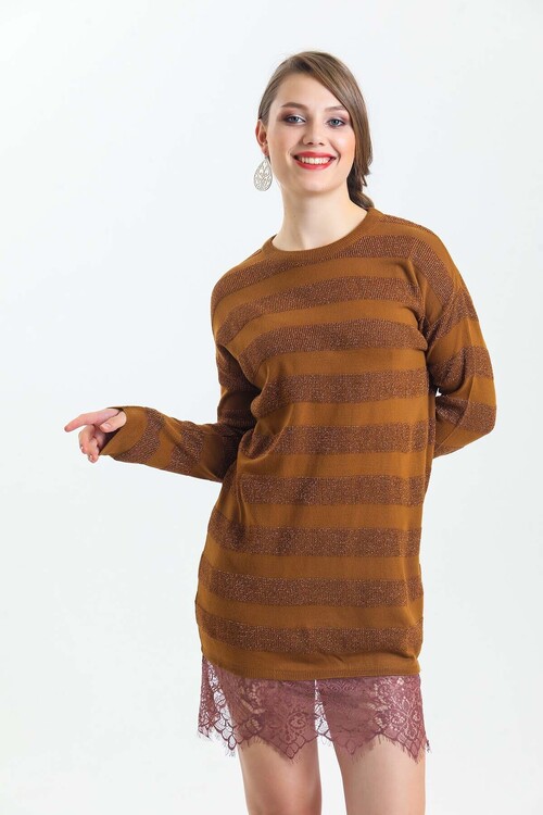 Bisiklet Yaka Eteği Dantelli Çizgili Simli Triko Elbise