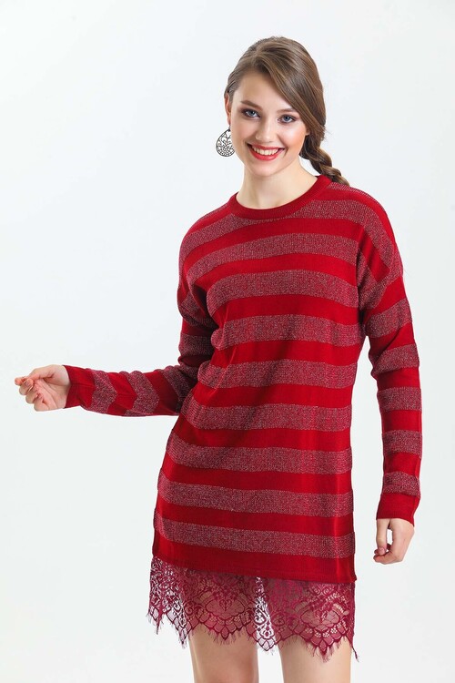 Bisiklet Yaka Eteği Dantelli Çizgili Simli Triko Elbise