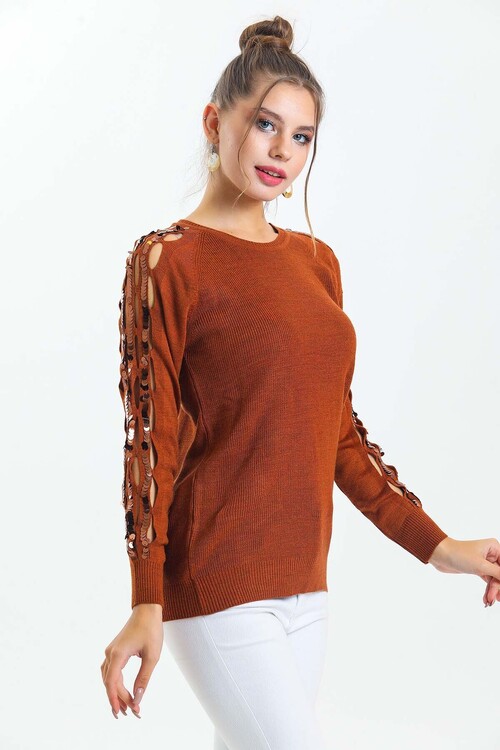 Bisiklet Yaka Kolları Pul Detaylı Triko Kazak