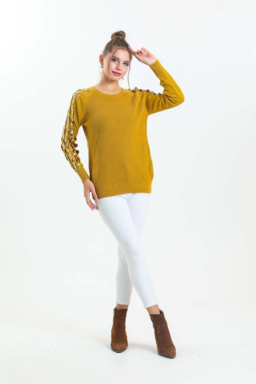 Bisiklet Yaka Kolları Pul Detaylı Triko Kazak