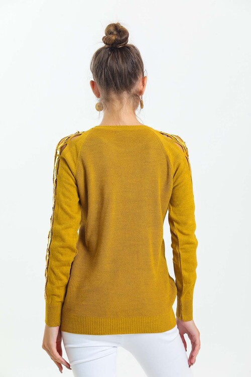 Bisiklet Yaka Kolları Pul Detaylı Triko Kazak