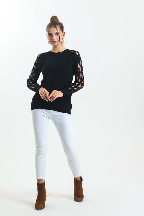 Bisiklet Yaka Kolları Pul Detaylı Triko Kazak