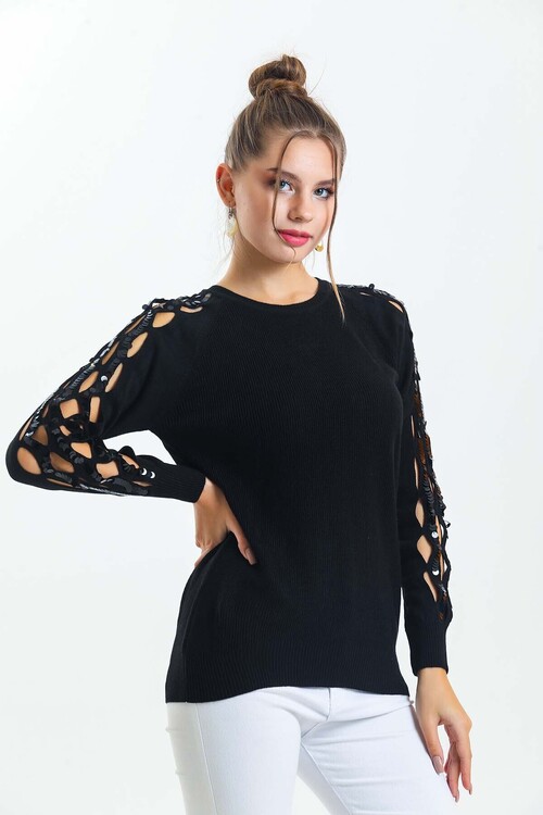 Bisiklet Yaka Kolları Pul Detaylı Triko Kazak