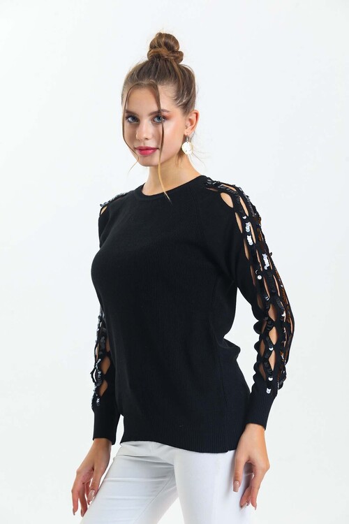 Bisiklet Yaka Kolları Pul Detaylı Triko Kazak