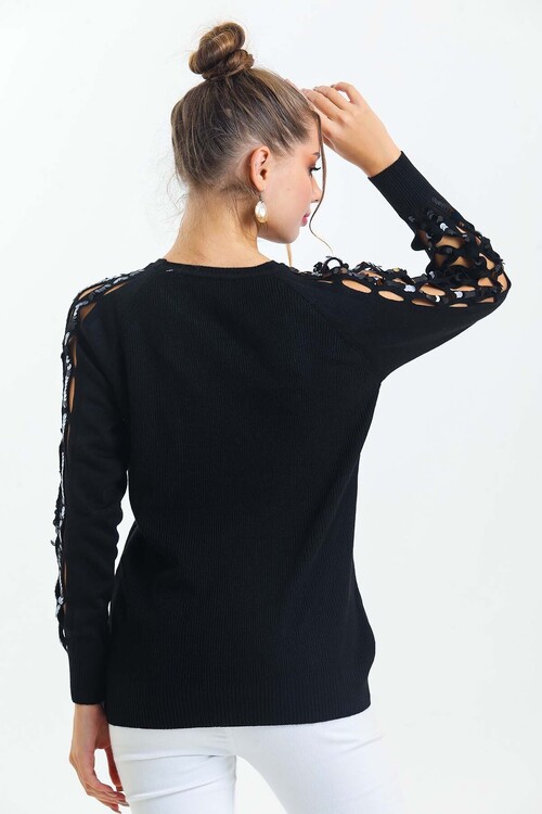 Bisiklet Yaka Kolları Pul Detaylı Triko Kazak