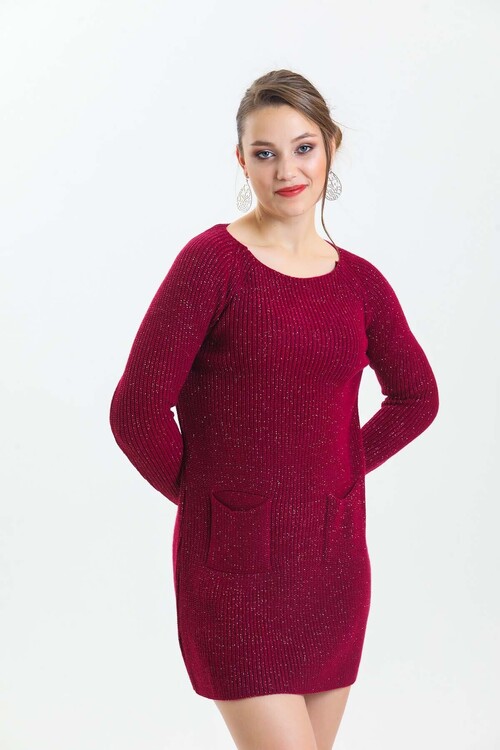 Geniş Yaka Önü Cepli Simli Uzun Kol Triko Elbise