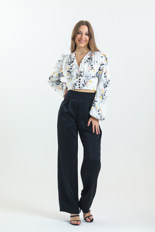 Kadın Balon Kol Çiçek Desenli Saten İkili Takım