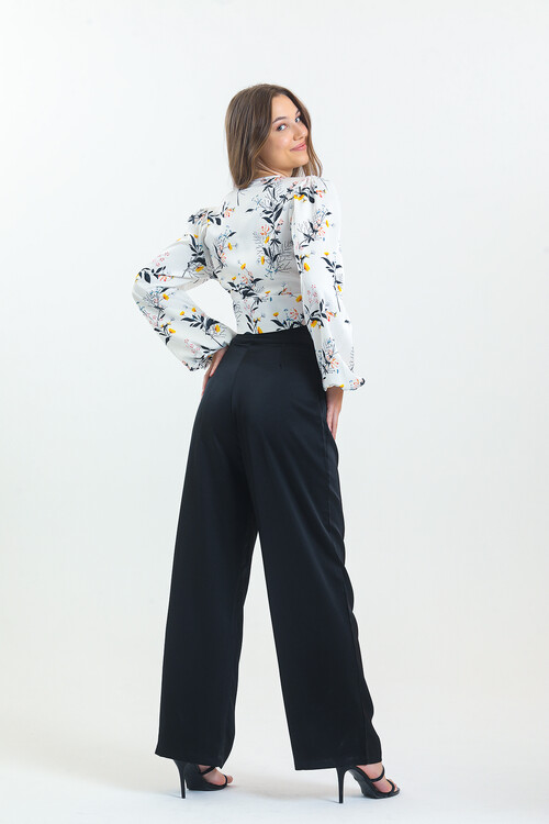 Kadın Balon Kol Çiçek Desenli Saten İkili Takım