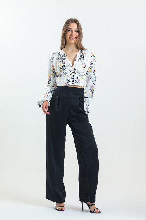 Kadın Balon Kol Çiçek Desenli Saten İkili Takım