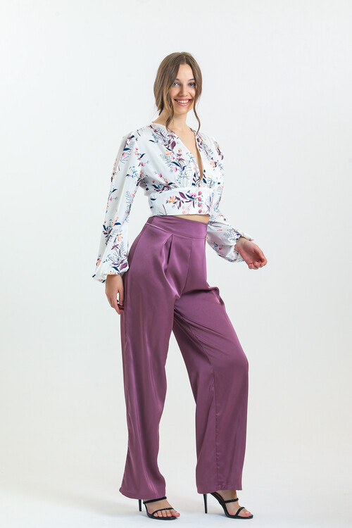 Kadın Balon Kol Çiçek Desenli Saten İkili Takım