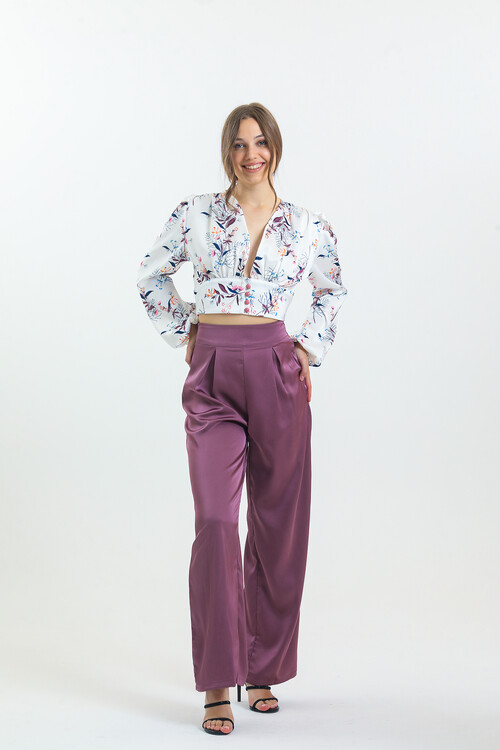 Kadın Balon Kol Çiçek Desenli Saten İkili Takım