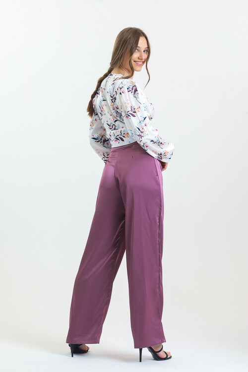 Kadın Balon Kol Çiçek Desenli Saten İkili Takım