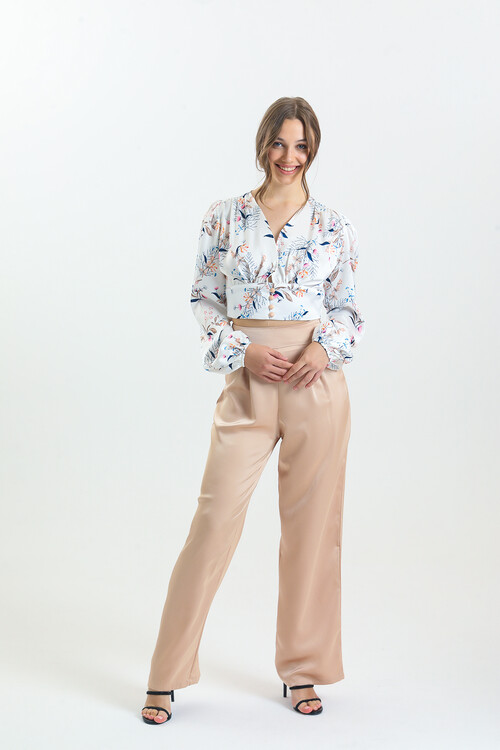 Kadın Balon Kol Çiçek Desenli Saten İkili Takım