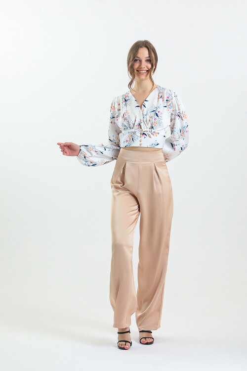 Kadın Balon Kol Çiçek Desenli Saten İkili Takım