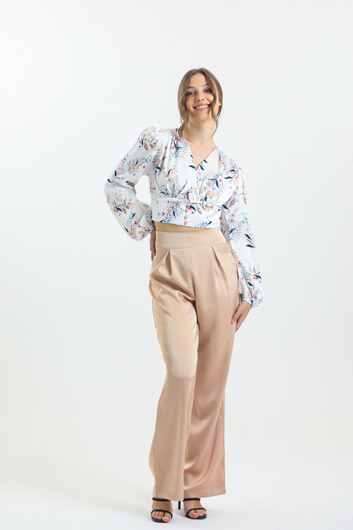 Kadın Balon Kol Çiçek Desenli Saten İkili Takım