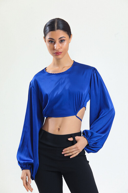 KADIN Balon Kol Eteği Bağcıklı Saten Crop Bluz