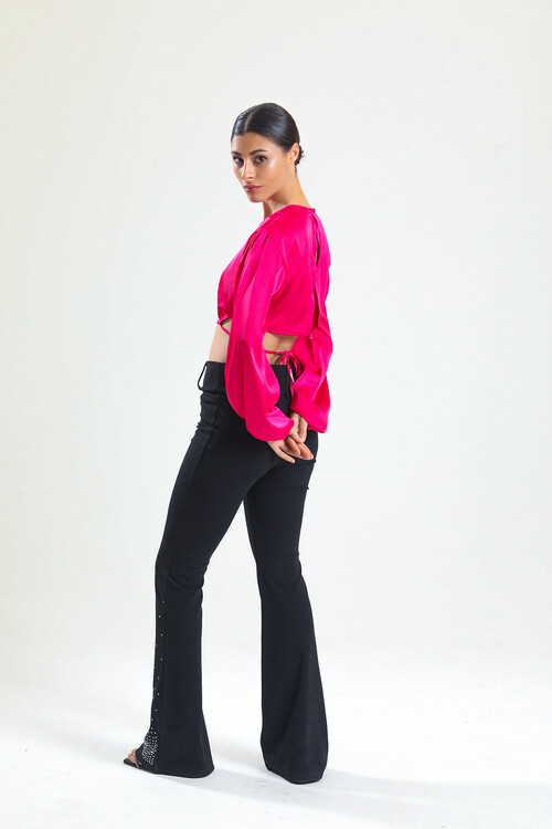 KADIN Balon Kol Eteği Bağcıklı Saten Crop Bluz