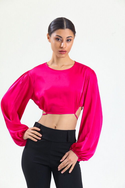 KADIN Balon Kol Eteği Bağcıklı Saten Crop Bluz