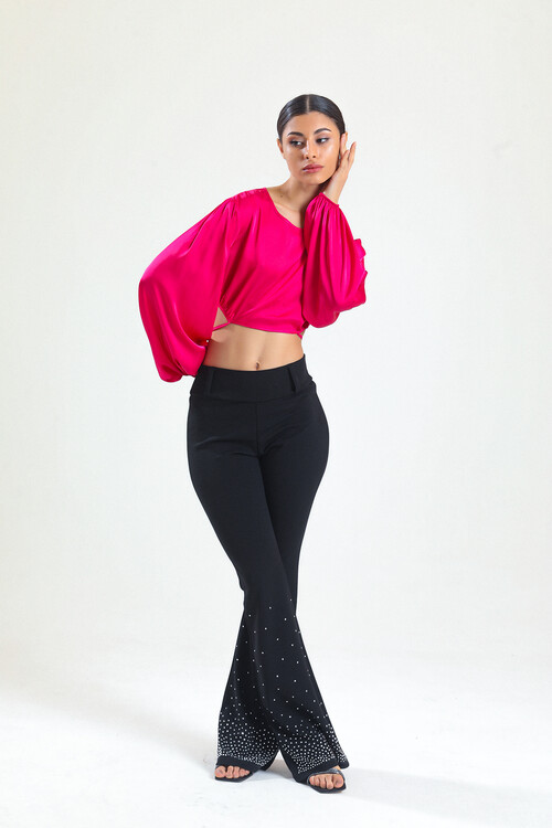 KADIN Balon Kol Eteği Bağcıklı Saten Crop Bluz