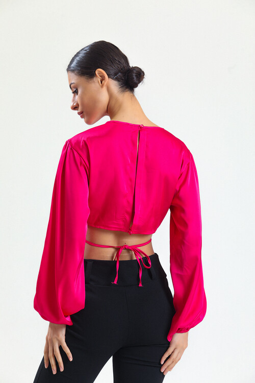 KADIN Balon Kol Eteği Bağcıklı Saten Crop Bluz