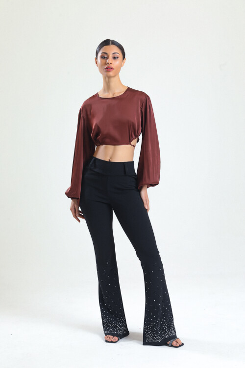 KADIN Balon Kol Eteği Bağcıklı Saten Crop Bluz