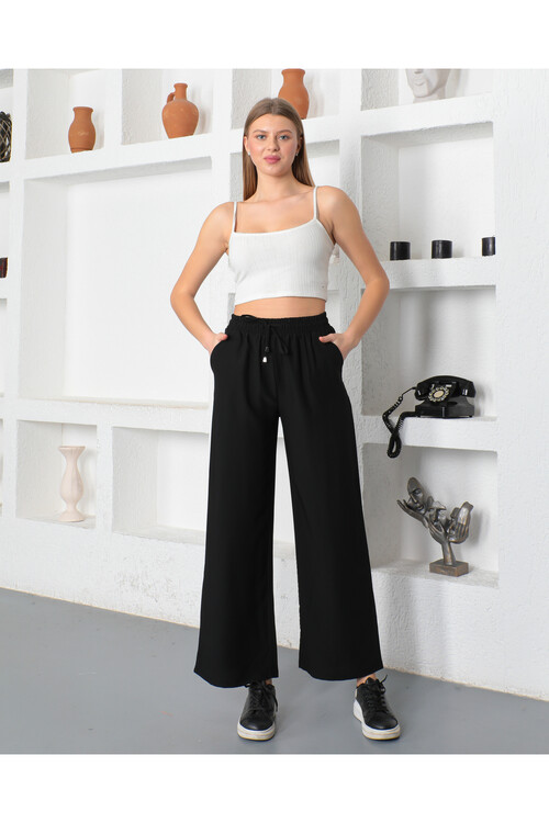 KADIN Bol Paça Beli Lastikli Bağcıklı Rahat Kesim Yüksekbel Pantolon