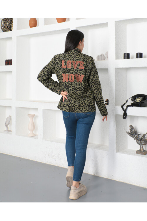 KADIN Çıtçıtlı Önü Fermuarlı Beli İçten Bağlamalı Cepli Leopar Desenli Kot Ceket