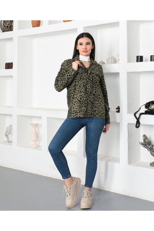 KADIN Çıtçıtlı Önü Fermuarlı Beli İçten Bağlamalı Cepli Leopar Desenli Kot Ceket