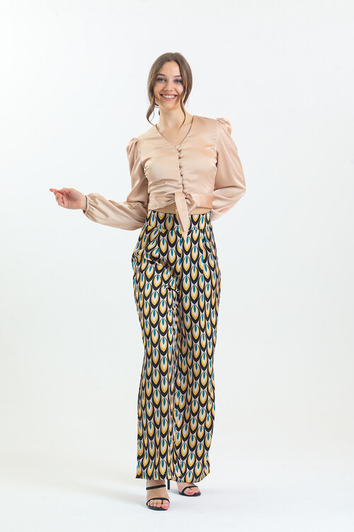 Kadın Etnik Desenli Saten İkili Takım