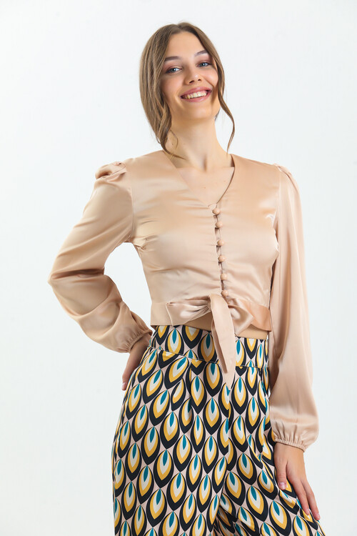 Kadın Etnik Desenli Saten İkili Takım