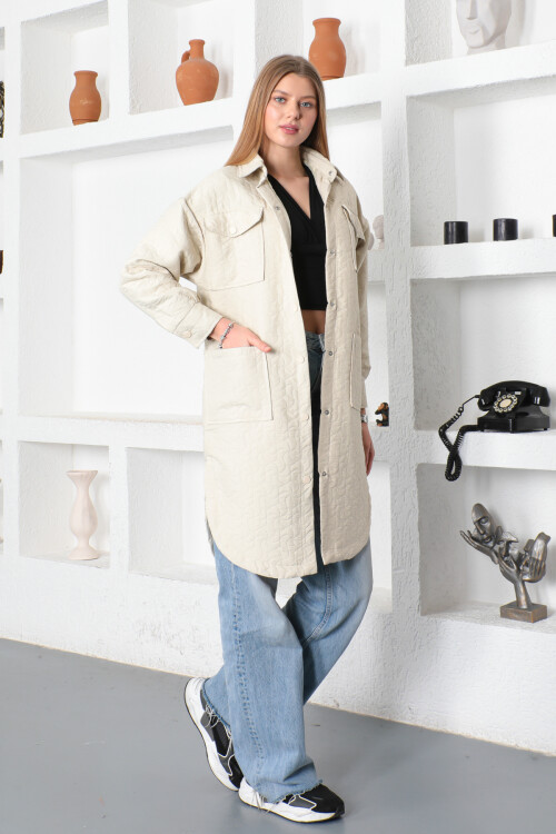 KADIN Geometrik Desenli Çıtçıtlı Gömlek Yaka Cepli Trençkot