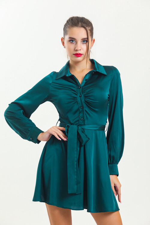 Kadın Gömlek Yaka Kuşaklı Uzun Kol Saten Elbise