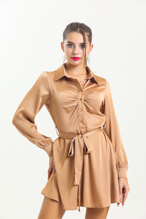 Kadın Gömlek Yaka Kuşaklı Uzun Kol Saten Elbise