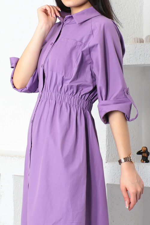 KADIN Gömlek Yaka Tek Cepli Beli Büzgülü Uzun Elbise