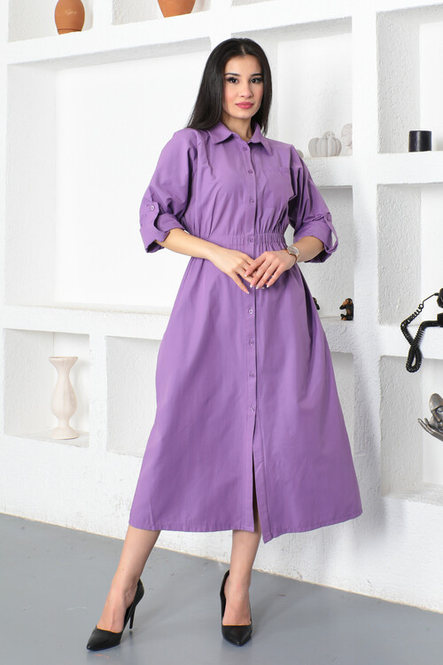 KADIN Gömlek Yaka Tek Cepli Beli Büzgülü Uzun Elbise