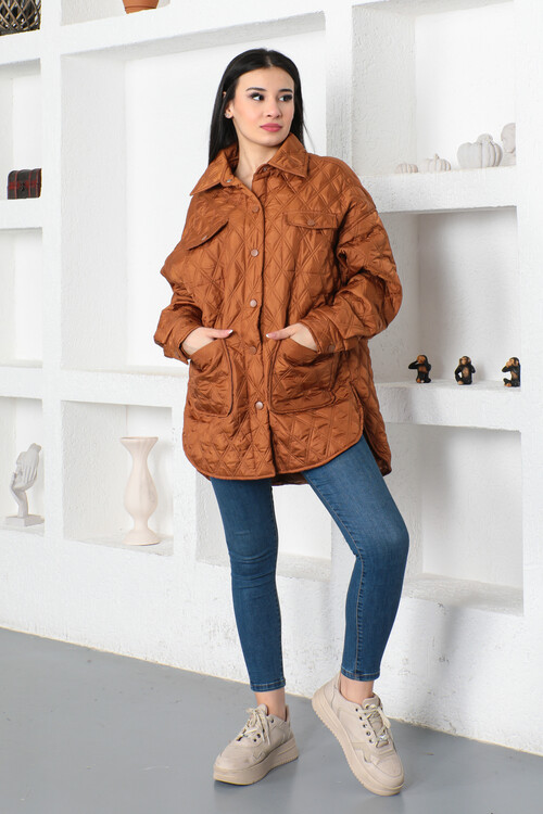 KADIN Kapitone Dikişli Gömlek Yaka Çıtçıtlı Cepli Mont