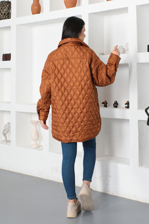 KADIN Kapitone Dikişli Gömlek Yaka Çıtçıtlı Cepli Mont